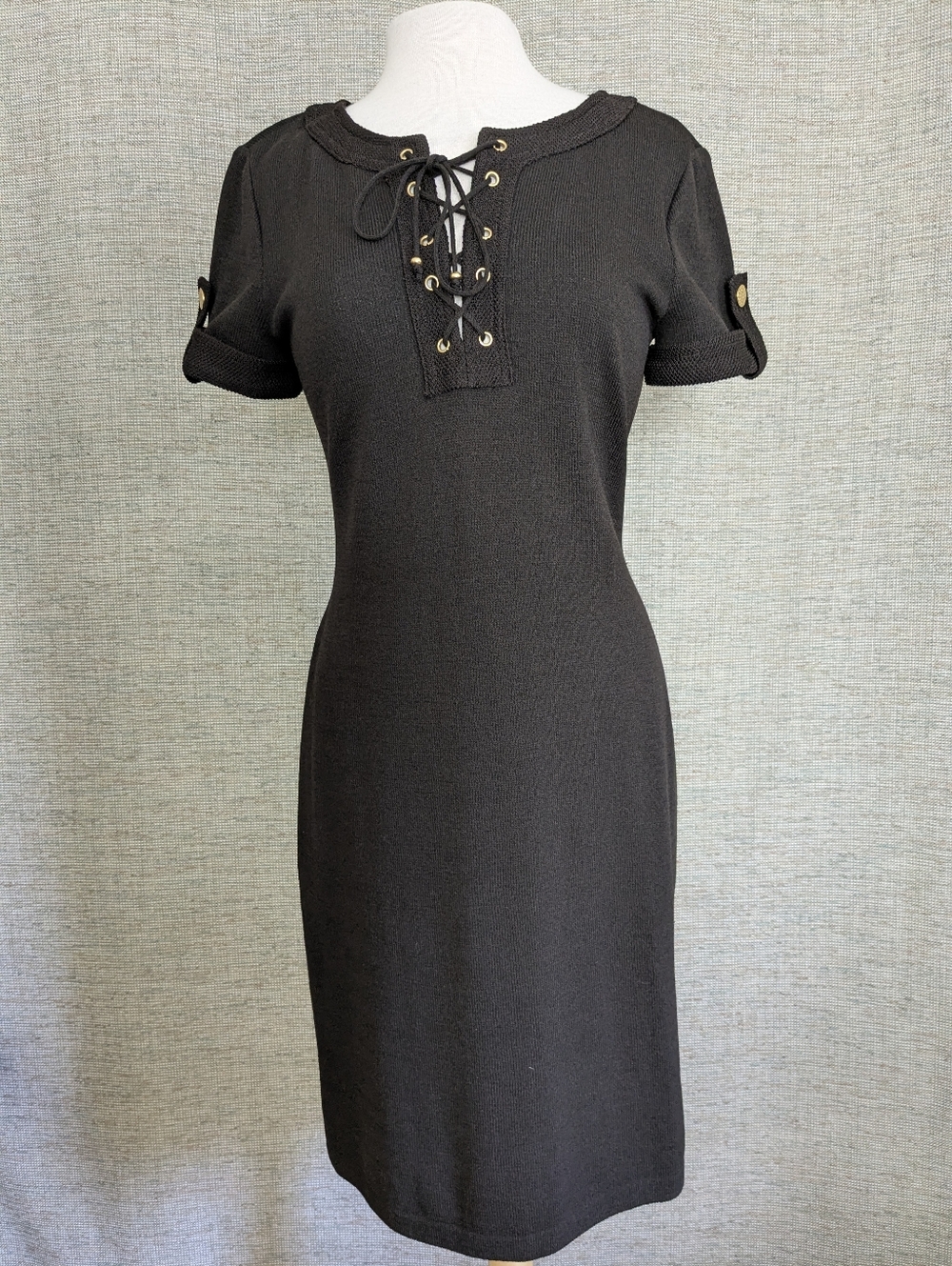 St. John Black Knit Lace Up Neckline Dress Size 6